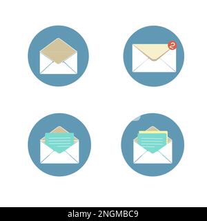Letter envelope with paper document vector illustration. Closed, open with a message e-mail envelopes. Set mailbox vector icons in flat style. Stock Vector