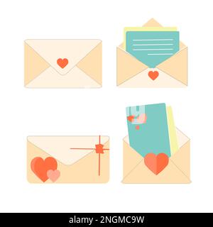 Letter envelope with paper document vector illustration. Closed, open with a message e-mail envelopes. Set mailbox vector icons in flat style. Stock Vector