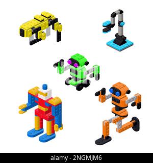 Set of robots assembled from plastic blocks in isometric style for printing and decoration.Vector illustration. Stock Vector