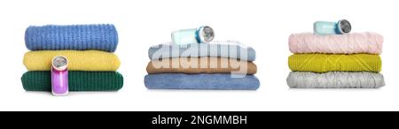 Fabric shavers and woolen clothes on white background, collage. Banner design Stock Photo