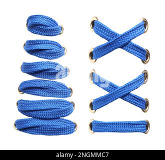 Blue shoe laces on white background, collage Stock Photo