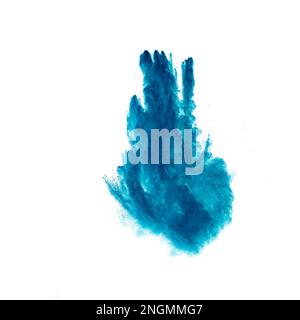 Blue color powder explosion cloud on white background.Blue dust particles splash. Stock Photo