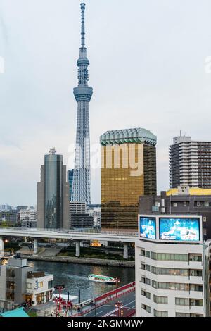 Distant shot of the Skytree tower viewed from Asakusa in Tokyo with the Asahi Beer headquaters, Sumida Ward Office and Sumida river. Blue hour. Stock Photo