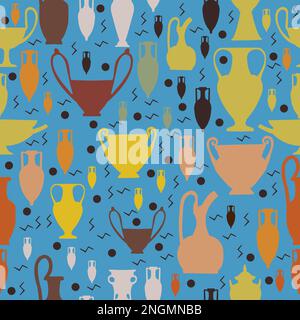 Seamless colorful pattern with amphora and ancient pottery for shirts and wrapping paper; vector Stock Vector