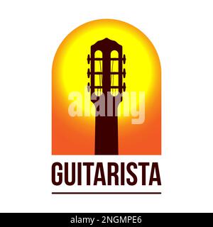 Latino style guitar vector logo, with classical guitar head silhouette on a sunset background. Stock Vector