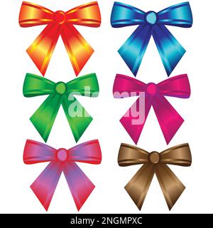 Set of six colorful bows; Red bow; blue; bow; green bow; pink bow; brown bow; pop art bow Stock Vector