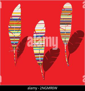 Three abstract feathers with colorful stripes and brown shadow, vector Stock Vector