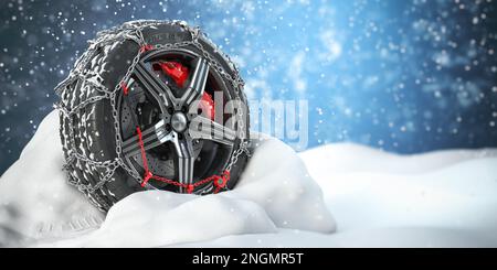 Car wheel with winter tire and snow chain in snow.  3d illustration Stock Photo