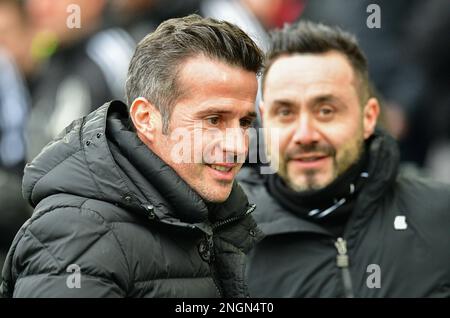 Brighton, UK. 18th Feb, 2023. Roberto De Zerbi Manager of Brighton and Hove Albion and Marco Silva Head Coach of Fulham FC before the Premier League match between Brighton & Hove Albion and Fulham at The Amex on February 18th 2023 in Brighton, England. (Photo by Jeff Mood/phcimages.com) Credit: PHC Images/Alamy Live News Stock Photo