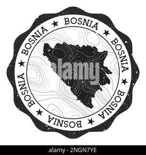 Bosnia outdoor stamp. Round sticker with map of country with topographic isolines. Vector illustration. Can be used as insignia, logotype, label, stic Stock Vector