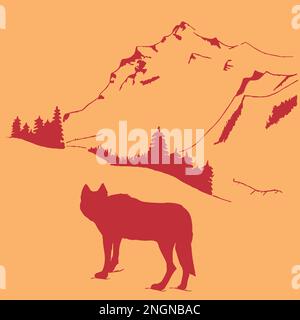 Wolf looking at mountains and forest. Hand drawn art in graphic style. Sketch of a wild nature. Animal and nature. Vector art Stock Vector