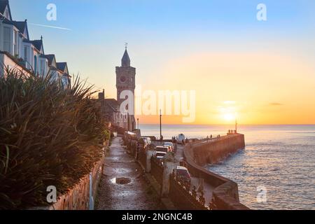 A winter sunset over Porthleven Pier Stock Photo