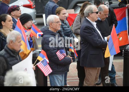 Boston, Massachusetts, USA. 16th Feb, 2023. Protestiing the Blockade of Artsakh, Nagorno-Karabakh by Azerbaijan, held by the Armenian-American Diaspora. (Credit Image: © Kenneth Martin/ZUMA Press Wire) EDITORIAL USAGE ONLY! Not for Commercial USAGE! Stock Photo
