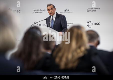 Munich, Germany. 18th Feb, 2023. Chinese Foreign Minister Wang Yi delivers remarks to the Munich Security Conference at the Bayerischer Hof Hotel February 18, 2023 in Munich, Germany. Credit: Alexandra Baier/MSC/Alexandra Baier/MSC/Alamy Live News Stock Photo
