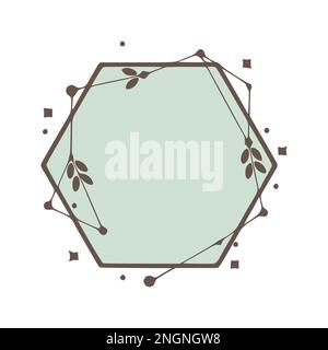 Hexagonal nature geometric frames with leaves made from lines and dots in hand drawn style. Stock Vector