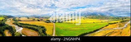 Scenic aerial panorama of Mararoa river valley in New Zealand South Island at Brunel peaks over highway 94. Stock Photo