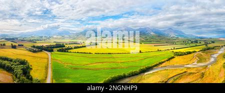 Aerial panorama of Mararoa river valley in New Zealand South Island at Brunel peaks over highway 94 to Te Anau. Stock Photo