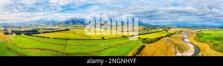 Scenic arial panorama over Mararoa river in The Key of New Zealand south island. Stock Photo