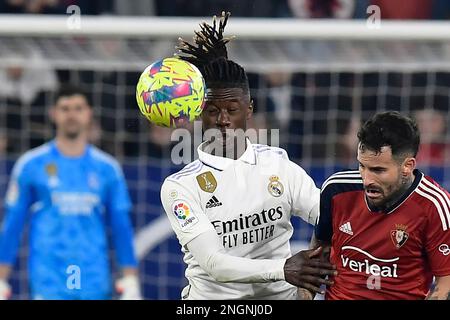 Aurelien Tchouameni of Real Madrid and Ante Budimir of CA Osasuna during  the Copa del Rey match between Real Madrid and CA Osasuna played at La  Cartuja Stadium on May 6, 2023