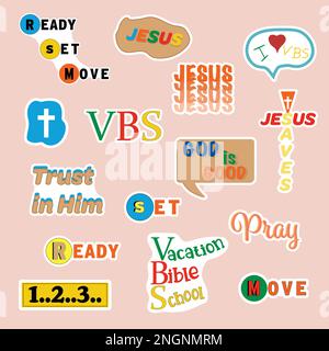 Vacation Bible School (VBS) mixed religious symbols sticker set. Christian camp concept. Stock Vector