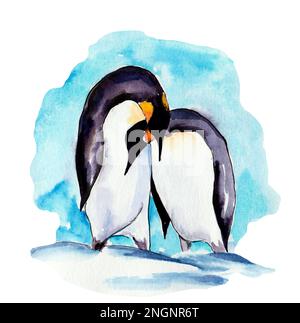 watercolor drawing of loving penguins on a white background Stock Photo