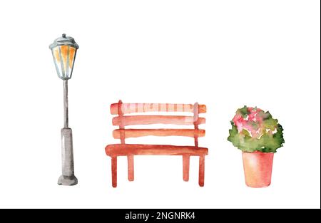 A set of watercolor illustrations of street flowers in pots, a bench and a lantern isolated on a white background. Urban design. Ecology. Stock Photo