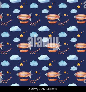 Cartoon airships and clouds. Watercolor cute seamless pattern for kids room Stock Photo