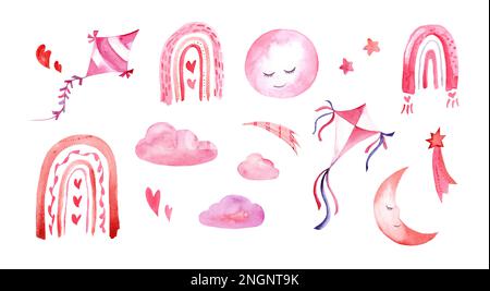 Watercolor abstract collection of pink rainbow, moon and hearts, kites. Cute pastel rainbow on a white background in a childish Scandinavian style. Pr Stock Photo