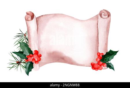 Old paper Christmas scroll or parchment. Spruce and holly branches. Watercolor hand drawn illustration isolated on white background. Stock Photo