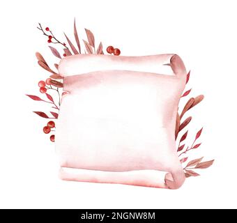 Old paper scroll or parchment with autumn decor. Watercolor hand drawn illustration isolated on white background. Stock Photo