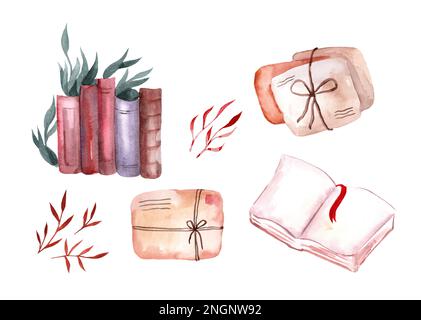 Set of vintage watercolor illustrations. Opened book, stack of books, letters, envelopes, branches of plants isolated on white background. Library, co Stock Photo