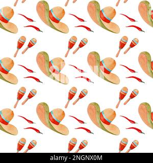 Seamless watercolor pattern. cinco de mayo, mexican cuisine, fiesta traditional holiday food and festival symbols travel illustration elements. Stock Photo