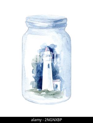 Watercolor glass jar sea lighthouse. Memories. Ocean in a bottle. Summer, vacation. hand drawn illustration Stock Photo