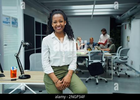 Portrait of smiling young African American professional woman sitting at modern office desk. Stock Photo