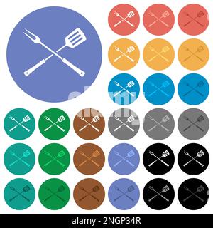 Barbecue fork and spatula in crossed position multi colored flat icons on round backgrounds. Included white, light and dark icon variations for hover Stock Vector
