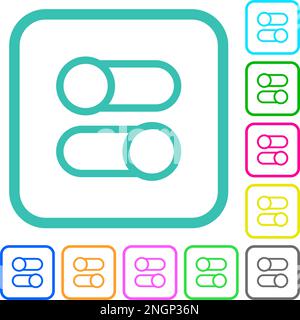 Horizontal toggle switches outline vivid colored flat icons in curved borders on white background Stock Vector
