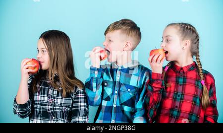 We believe in unjunking our food and our lives. Food for children. Small kids enjoy eating natural food. Little children biting red juicy apples Stock Photo