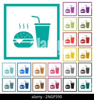 Fast food menu with cheeseburger and drink solid flat color icons with quadrant frames on white background Stock Vector