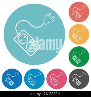 Portable electrical outlet with two sockets and extension cord and plug outline flat white icons on round color backgrounds Stock Vector