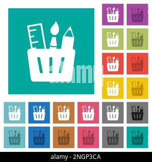 Drawing tools solid multi colored flat icons on plain square backgrounds. Included white and darker icon variations for hover or active effects. Stock Vector