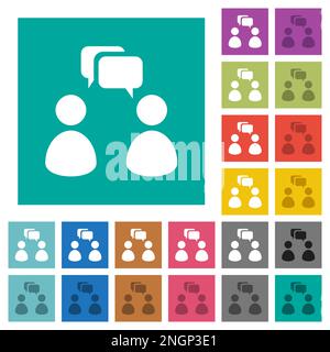 Two talking persons with oval bubbles solid multi colored flat icons on plain square backgrounds. Included white and darker icon variations for hover Stock Vector