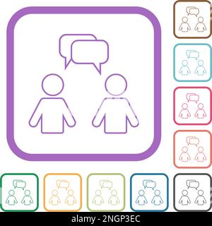 Two talking persons with rounded square bubbles outline simple icons in color rounded square frames on white background Stock Vector