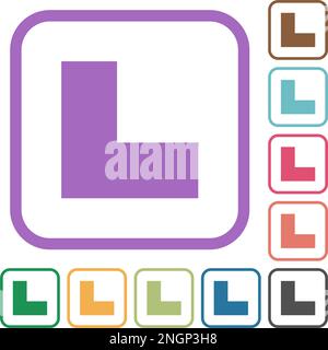 Bottom left angle arrow solid simple icons in color rounded square frames on white background Stock Vector