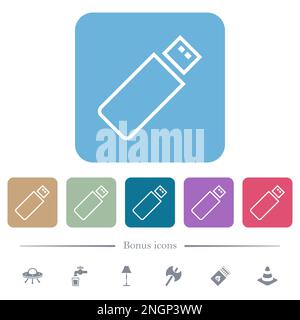 Pendrive outline white flat icons on color rounded square backgrounds. 6 bonus icons included Stock Vector