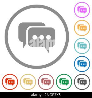 Two rounded square active chat bubbles solid flat color icons in round outlines on white background Stock Vector