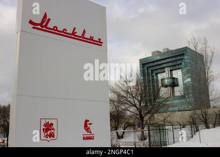 Moscow, Russia. 18th Feb, 2023. The Moskvitch logo is seen at the company's plant in Moscow. The former Renault plant in Moscow has officially been renamed Moskvitch after a Soviet and later Russian automobile brand in 2022. Renault transferred its Russian assets to the state and the Moscow government in May 2022. Production at the company's plant in Moscow was first stopped at the end of February 2022 for a week because of interruptions in the supply of components. At the end of March 2022, Renault announced the suspension of activities in Russia. (Credit Image: © Vlad Karkov/SOPA Images Stock Photo