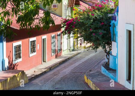 Amazing colorful buildings in pueblo magico Batopilas in Barrancas del Cobre mountains, Mexico Stock Photo