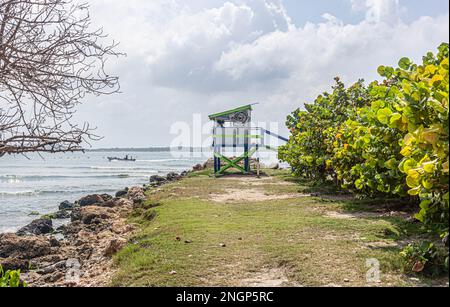 Lifeguard tower at seaside, El Laguito, Cartagena de Indias, Colombia. Stock Photo