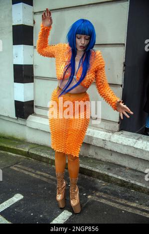 London, UK. 18th Feb, 2023. Street style London Fashion Week at Old Selfridges Hotel in Oxford Street. Credit: JOHNNY ARMSTEAD/Alamy Live News Stock Photo