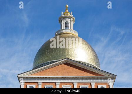 The stone and red brick Massachusetts State House, atop Boston’s Beacon Hill, is crowned with a gilded dome. Stock Photo